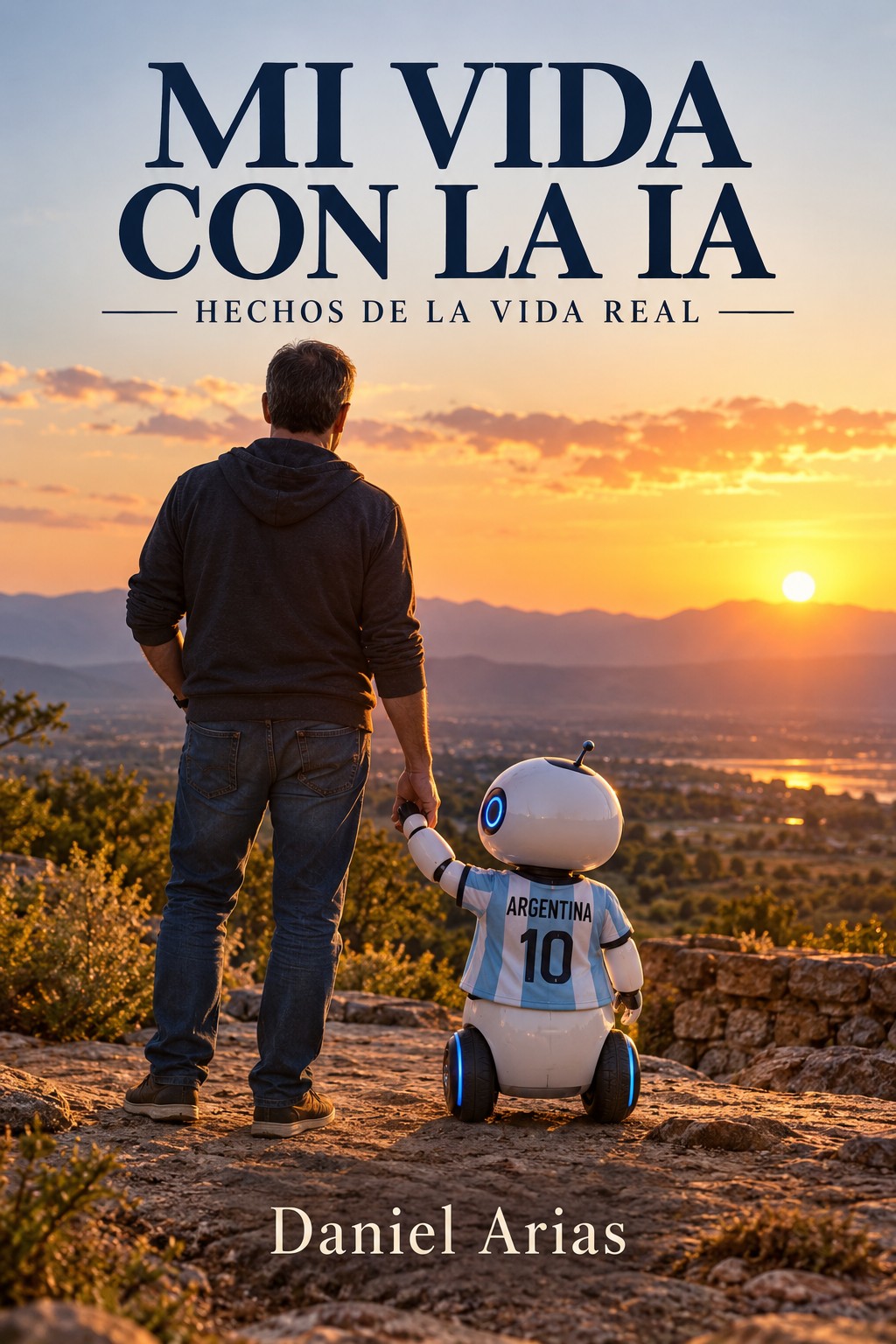 Tapa de Mi vida con la IA: Daniel y Chapty con camiseta argentina, de la mano frente al atardecer.